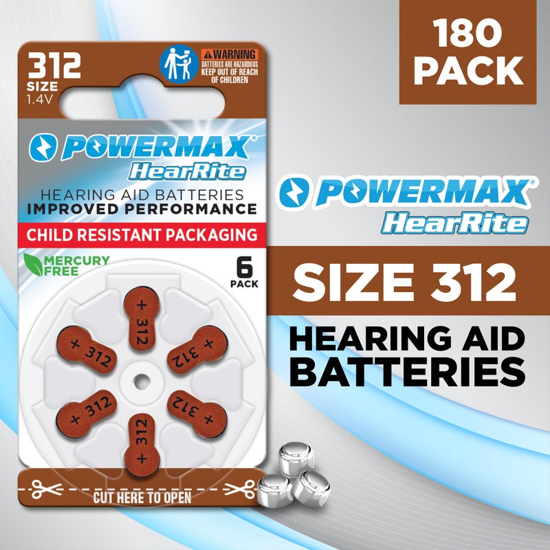 Powermax Size 312 Hearing Aid Batteries, 180 Count Long-Lasting Battery Pack, Brown Long Tab for Easy Change - Image 2